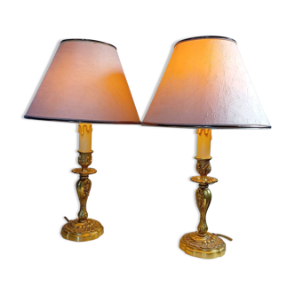 Duo solid bronze candle holder lamps Lumalux Paris, 1980
