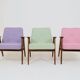 Pastel pistachio wool fabric Scandinavian armchair, oak wood.