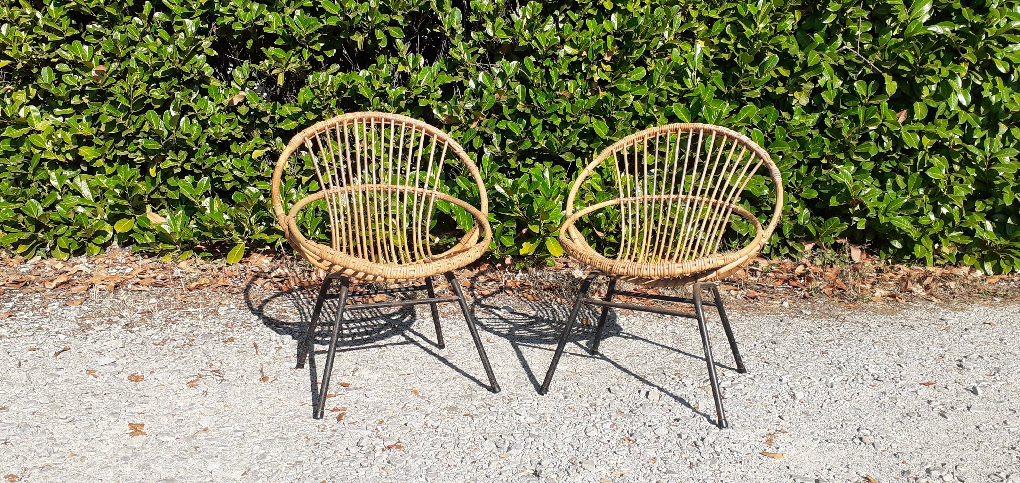 Pairs of rattan armchairs base metal year 60 vintage