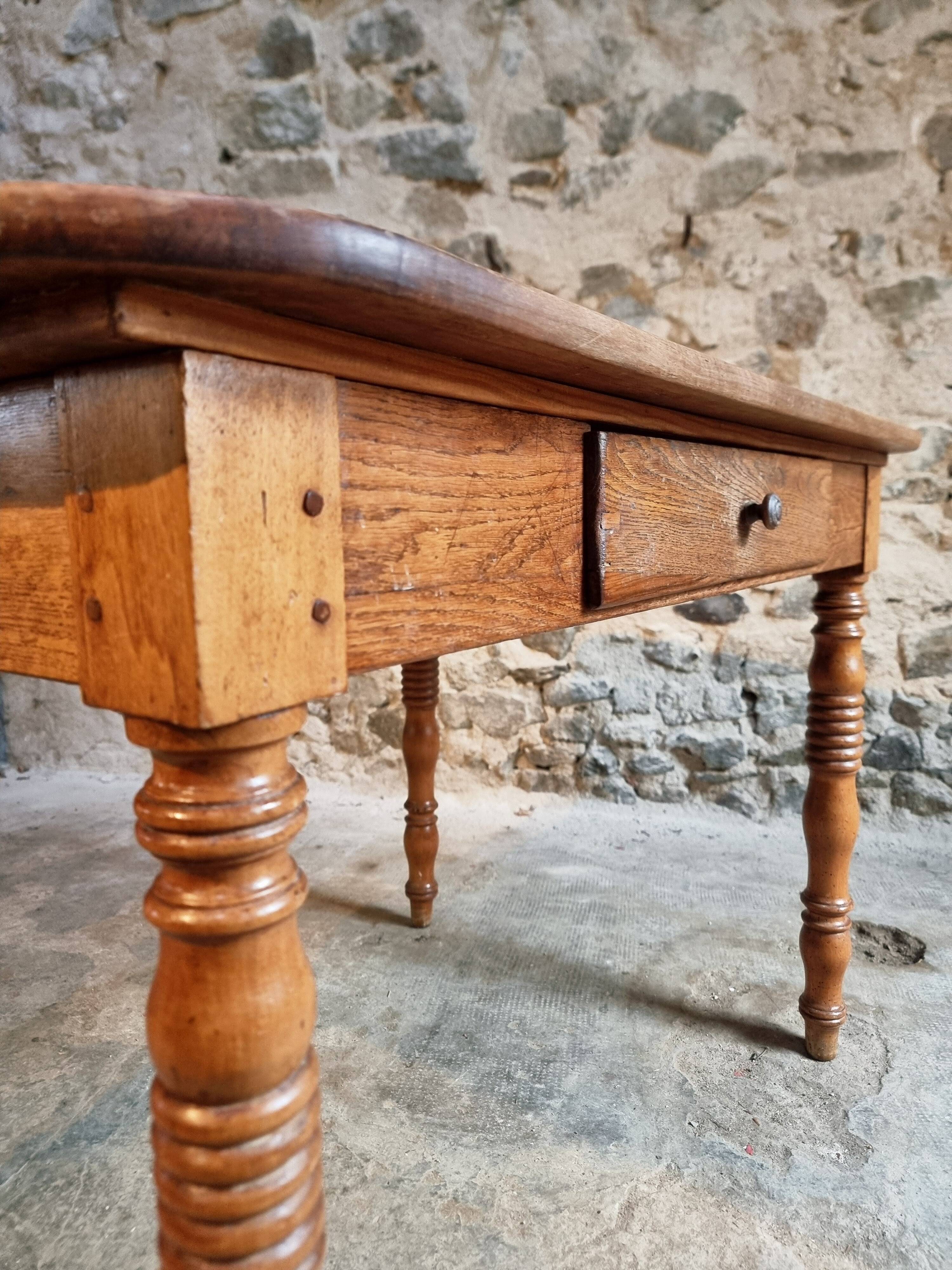 French vintage dining/desk table – oak and walnut – marble top – 1960s writing table with drawer