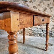 French vintage dining/desk table – oak and walnut – marble top – 1960s writing table with drawer