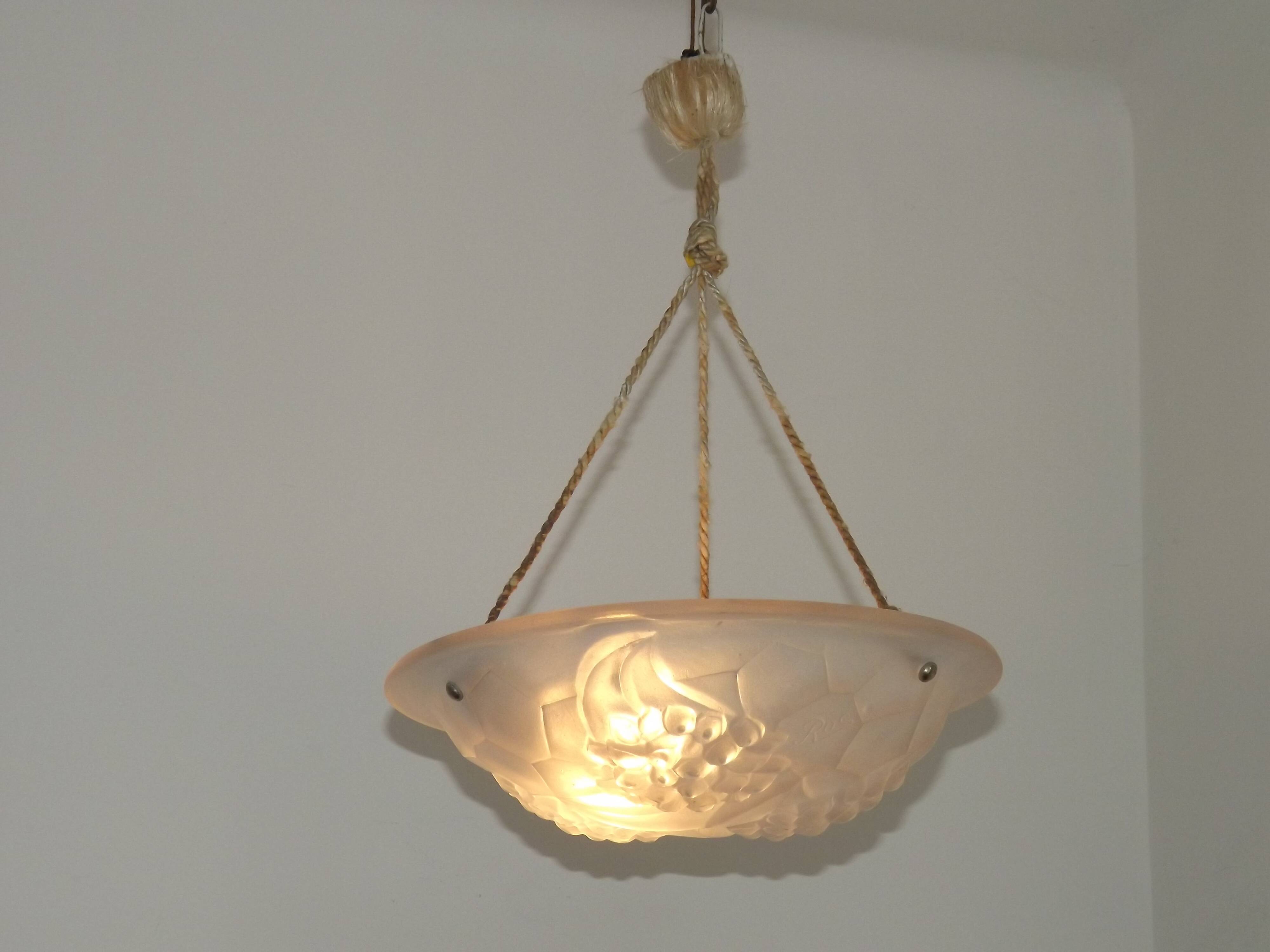 French Art Deco Ceiling Light ROS Degue Frosted Molded Glass Plafonnier