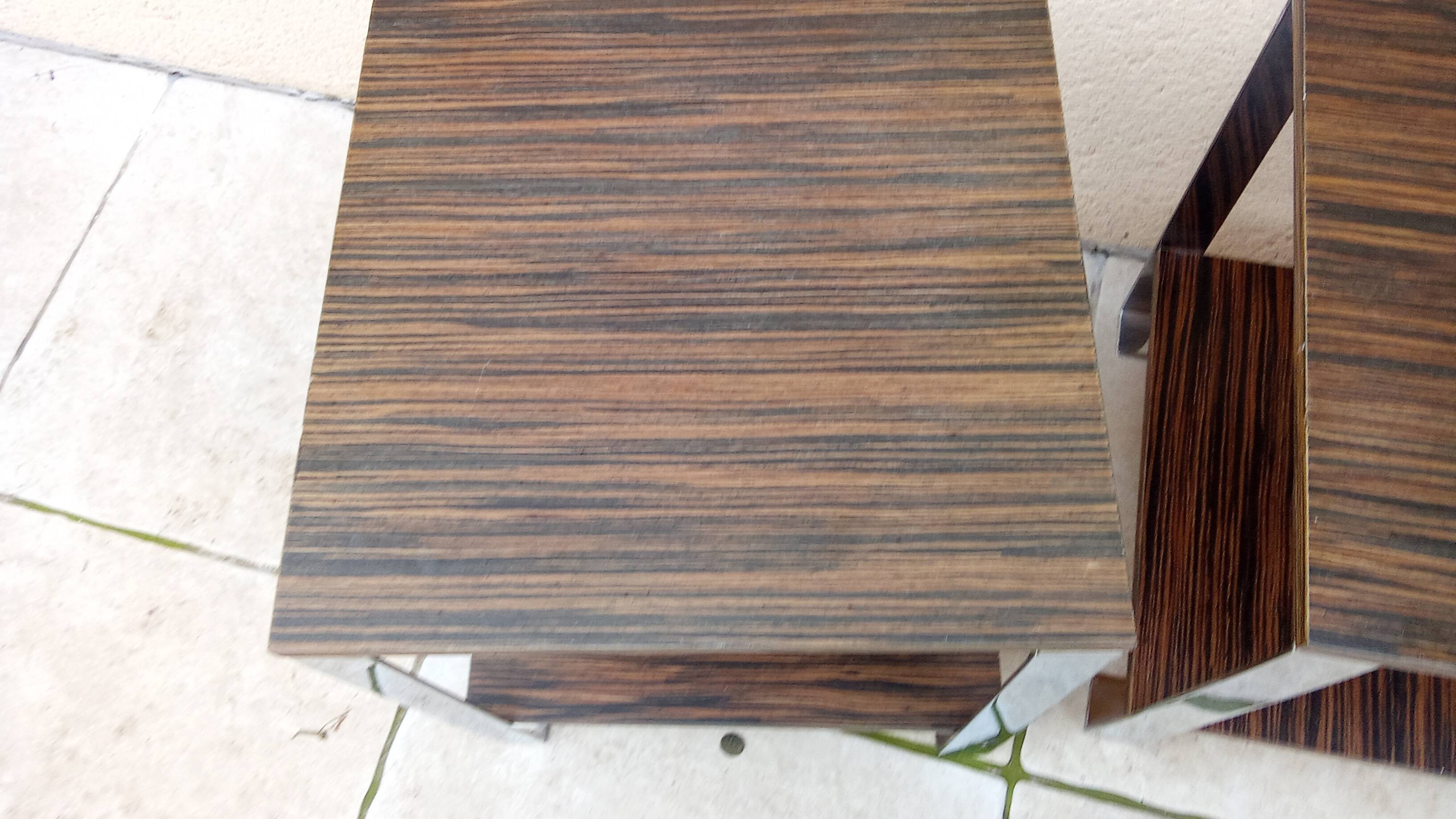 Pair of vintage 70s chrome zebrano wood bedside tables