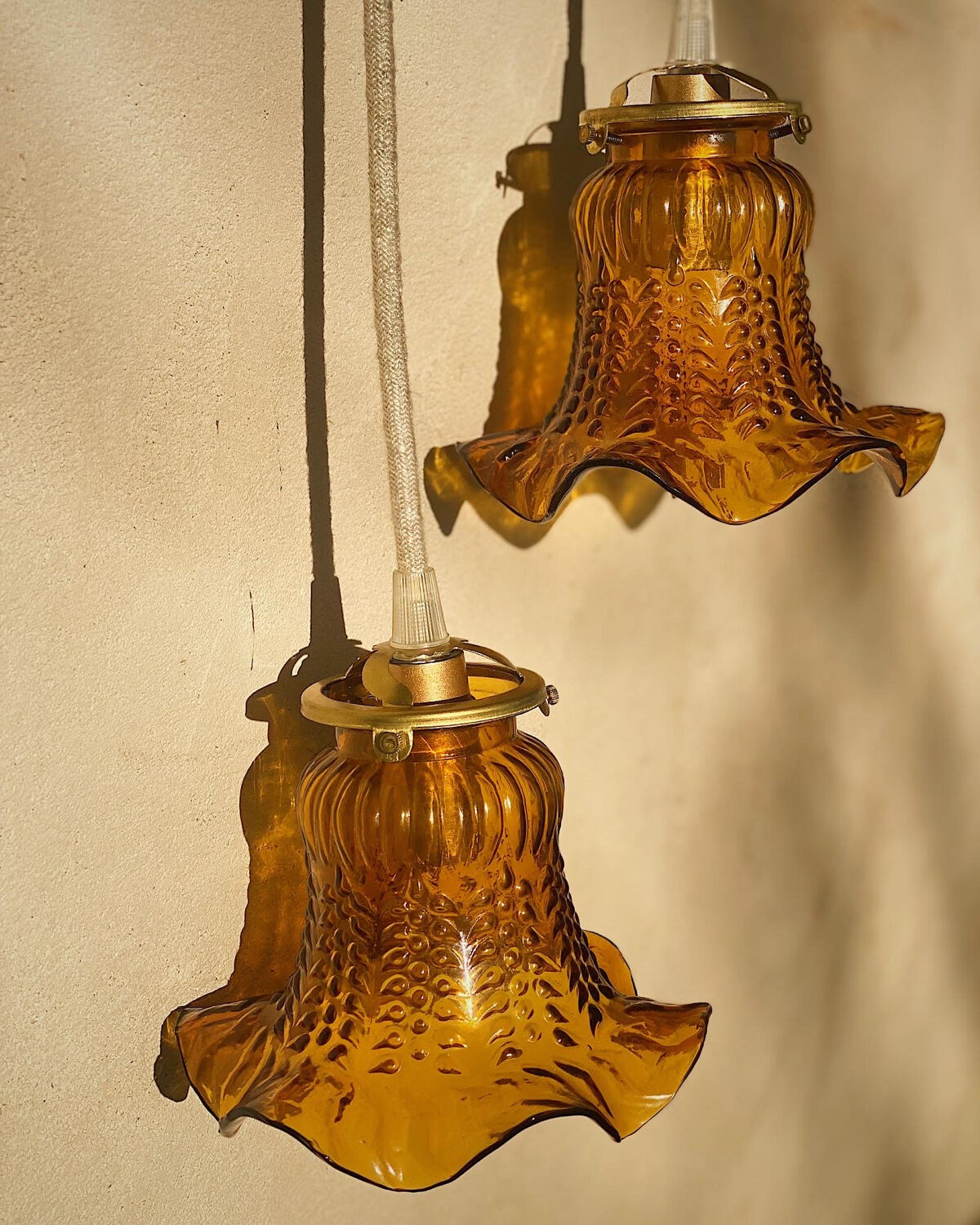 Two amber tulip globe suspension