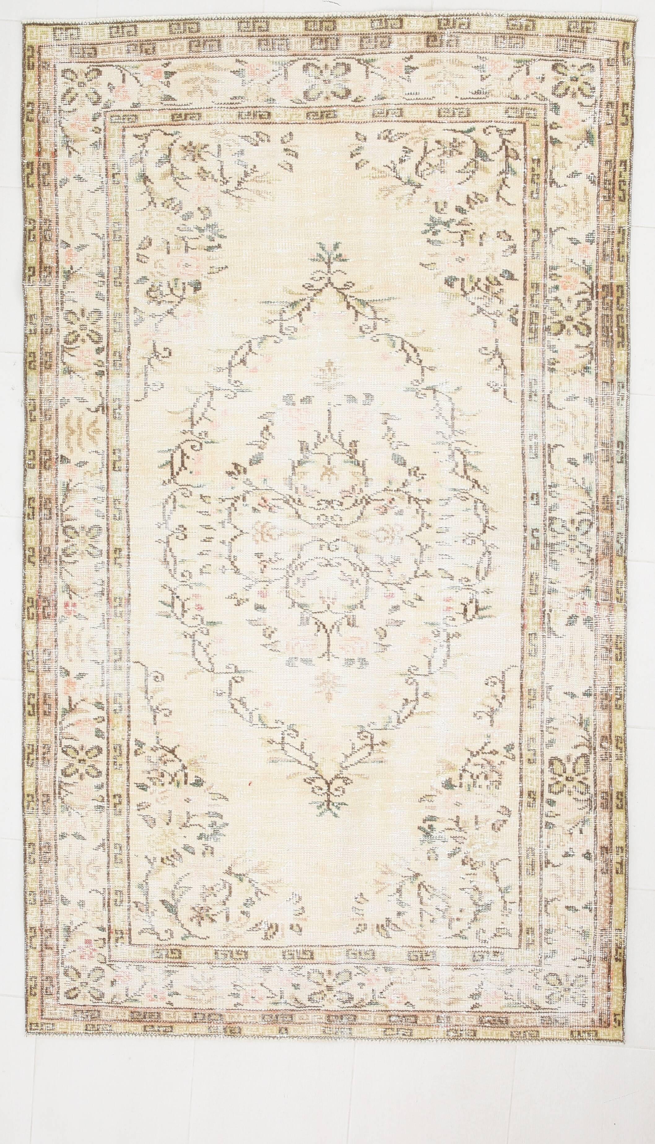 Tapis Vintage Turc Crème, Médaillon Floral, Style Shabby Chic, 150x250Cm