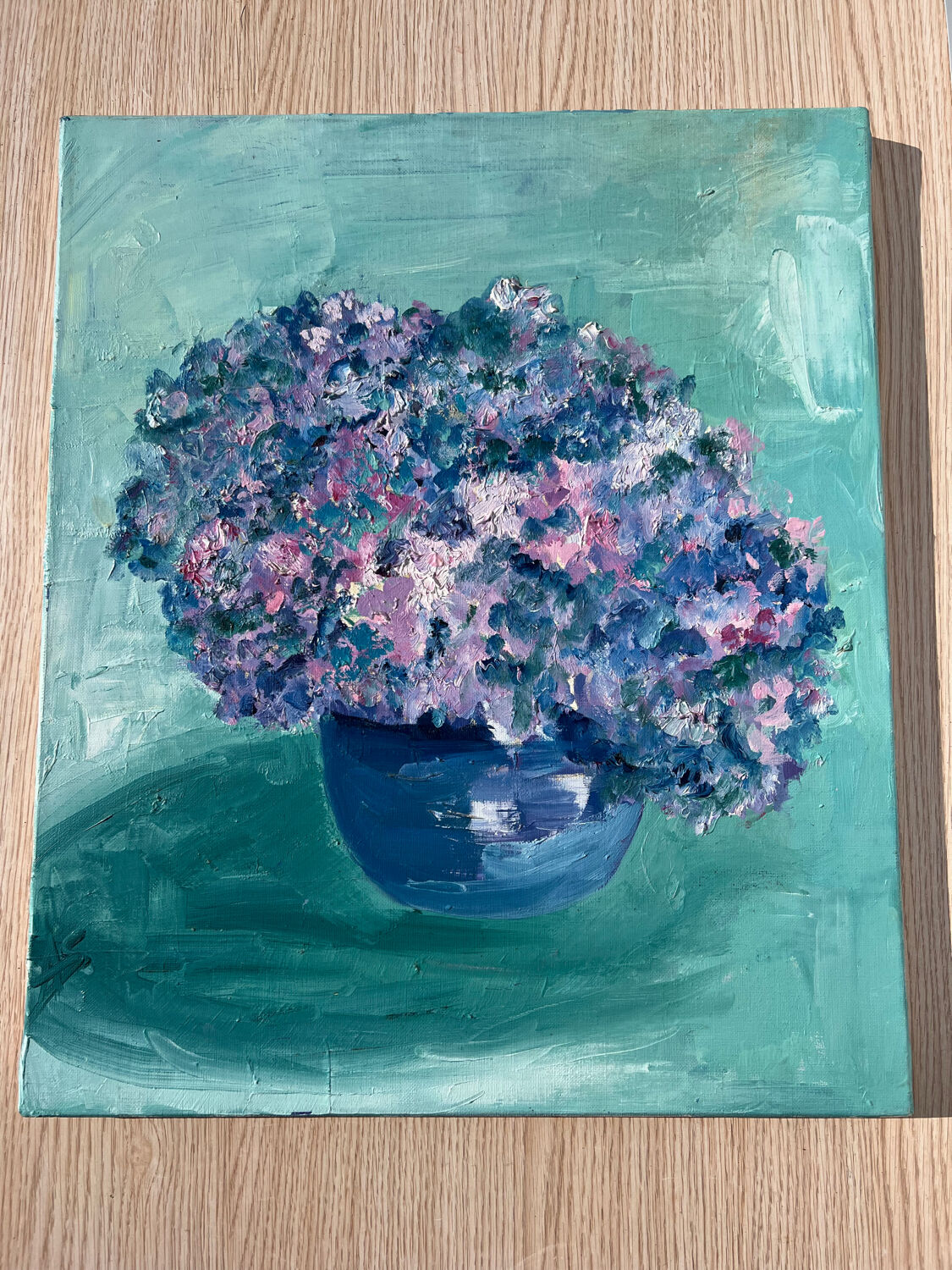 Tableau peinture à l’huile fleurs hortensias bleu