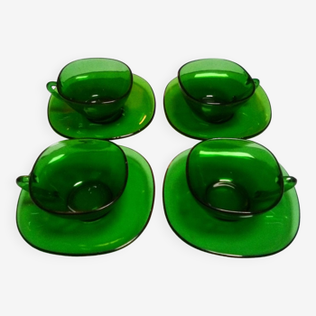 4 tasses et soucoupes en verre vert vintage