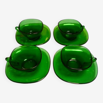 4 vintage green glass cups and saucers