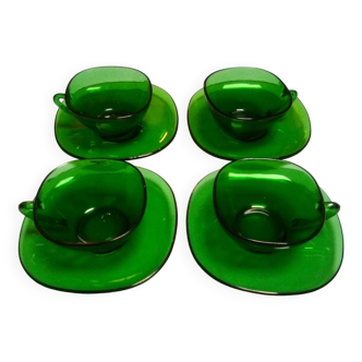 4 tasses et soucoupes en verre vert vintage