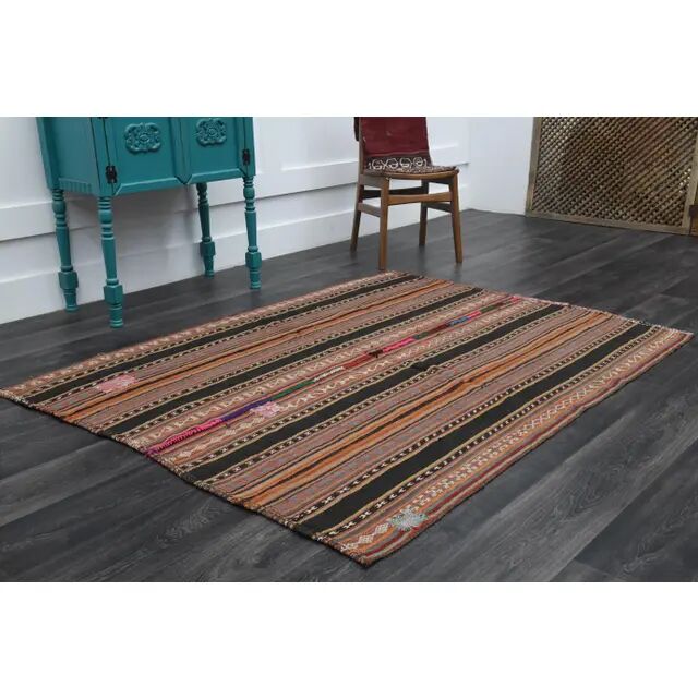 1970s Turkish Hand-Knotted Wool Cotton Orange Kilim Area Rug 150x192