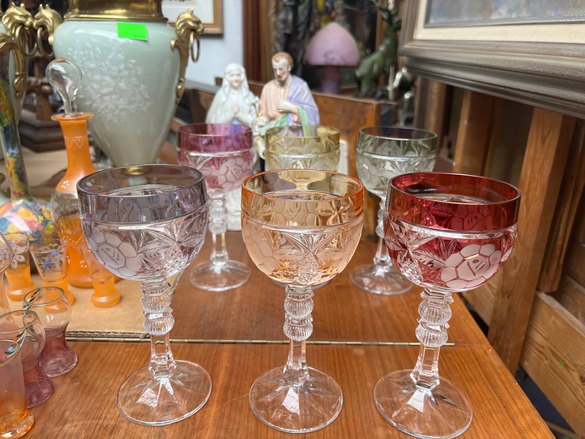 Set of 6 wine glasses. Solid colored crystal.