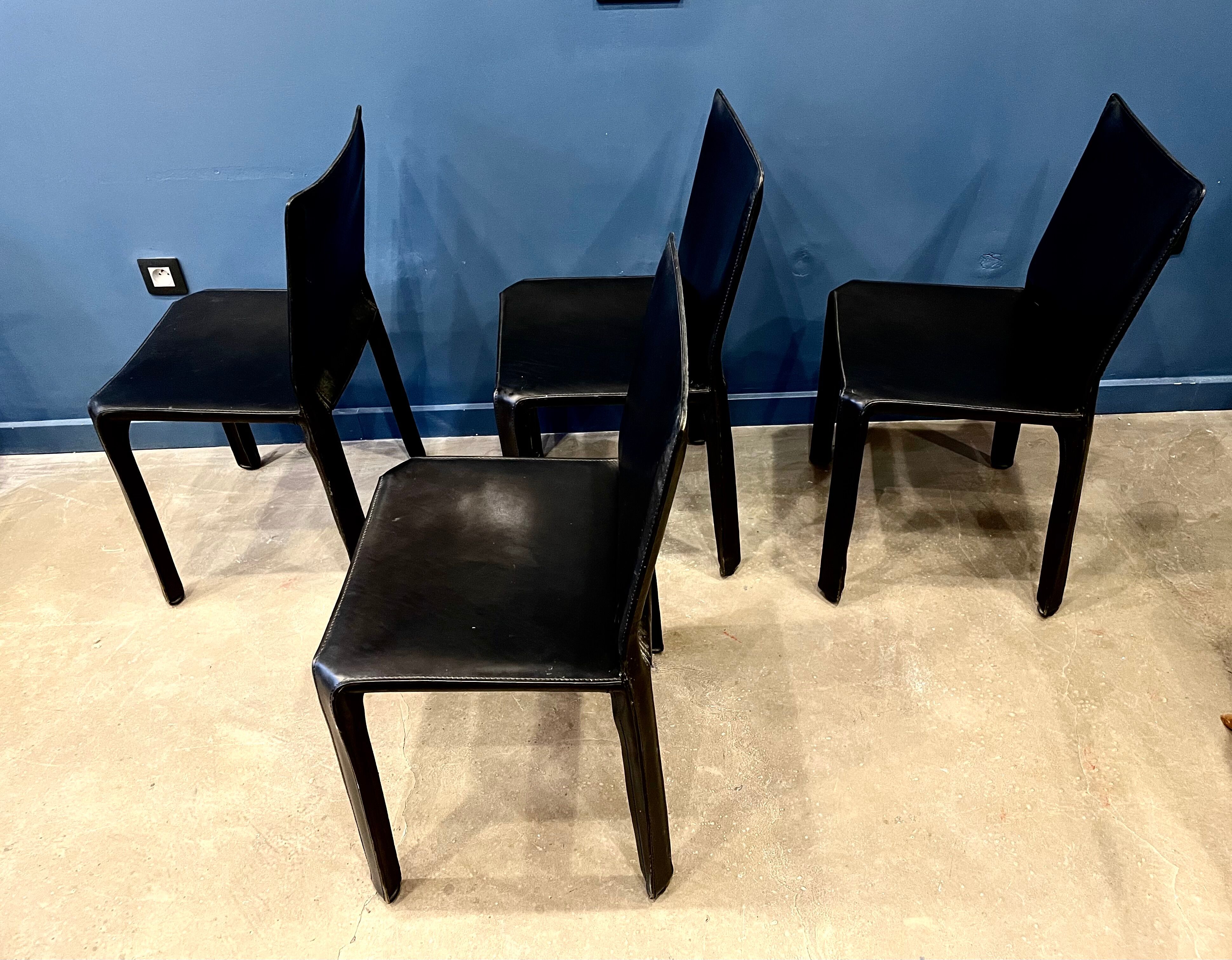 4 black leather chairs 412 cab by Mario Bellini signed Cassina