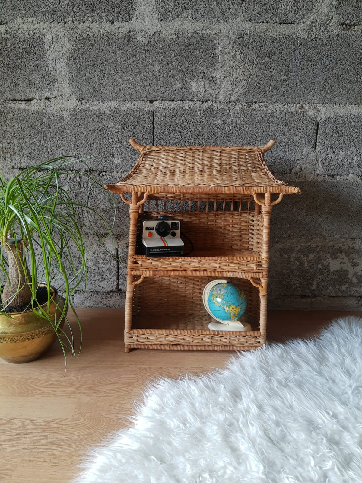 Wall shelf or to be placed in unique Japanese style rattan vintage pagoda