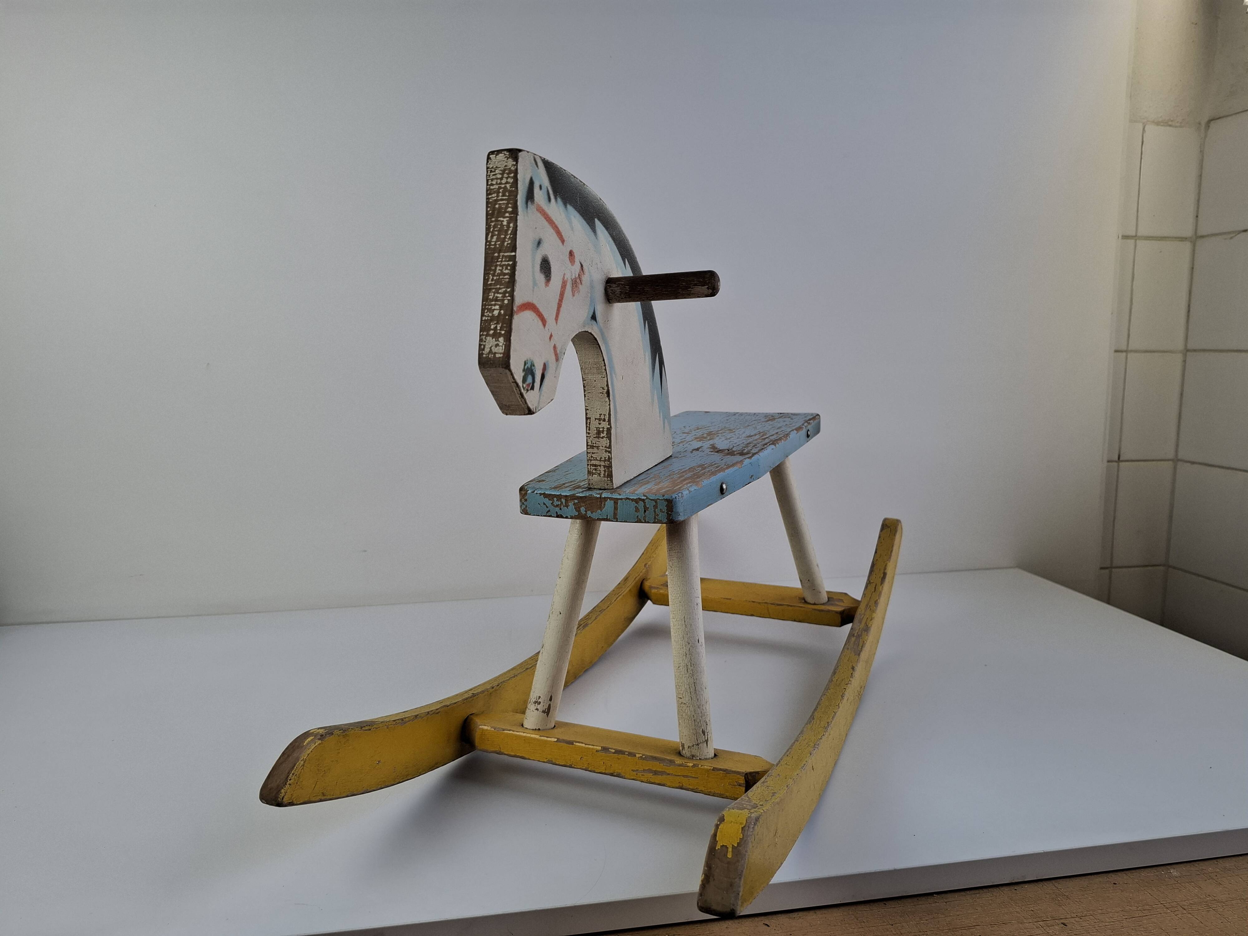 Mid-Century Czechoslovak Wooden Rocking Horse, Hand-Painted, 1960s