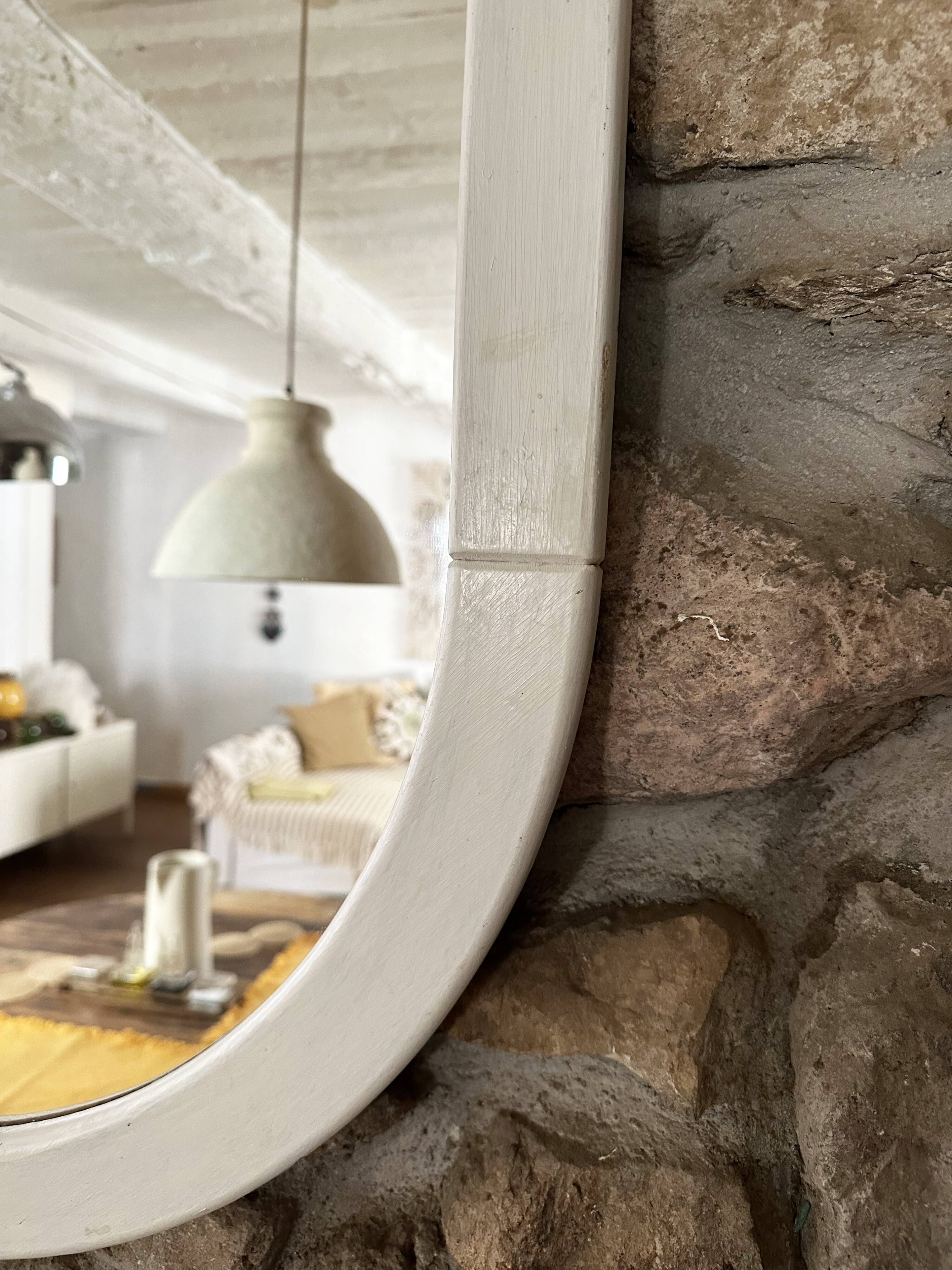Scandinavian Space Age mirror in patinated white wood, 1970s