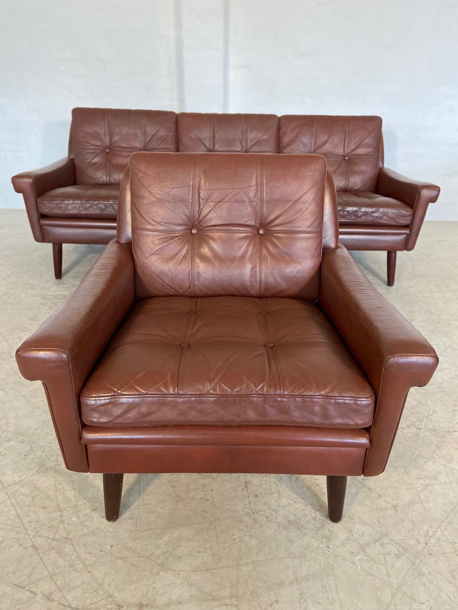 Danish mid-century Svend Skipper cognac 3 person sofa & lounge chair 1960s