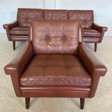 Danish mid-century Svend Skipper cognac 3 person sofa & lounge chair 1960s