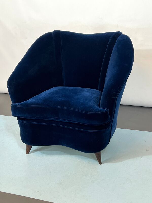 Fauteuil en velours bleu italien du milieu du siècle par Gio Ponti