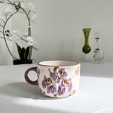 Vintage slip cup / mug - Orchid floral pattern - Lilac and white tones