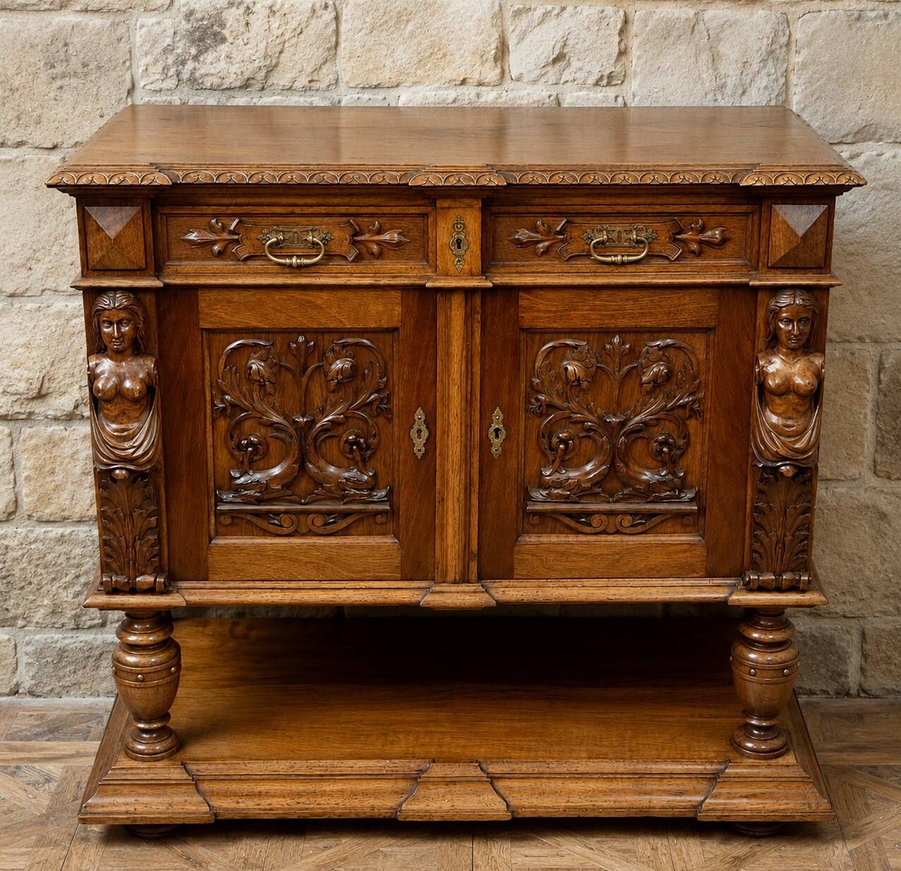 Meuble d’apparat richement sculpté – Plateau ouvrant sur marbre blanc