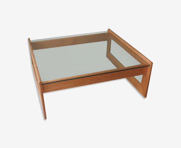 Table basse vintage en chêne clair et verre, Belgique 1960