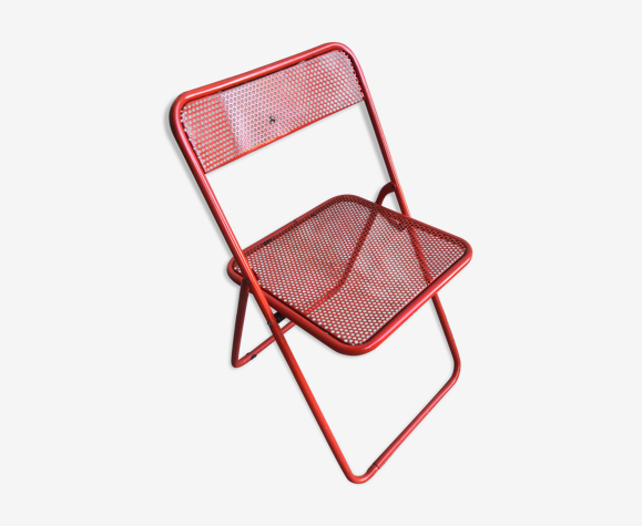 Chaise pliante métal perforé rouge années 70 vintage | Selency