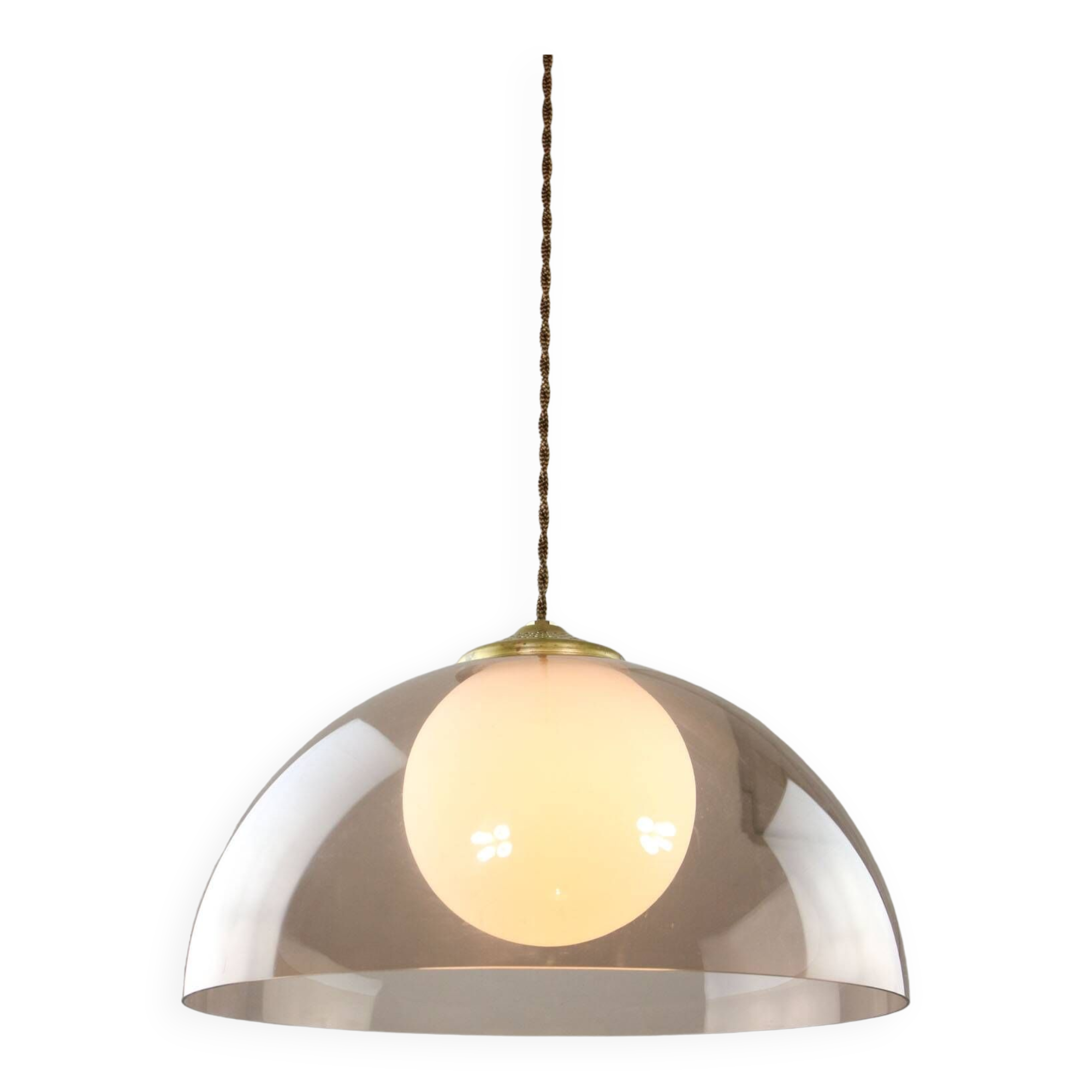 Space-age italian brass, opaline and plexiglass pendant lamp