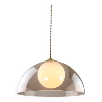 Space-age italian brass, opaline and plexiglass pendant lamp