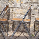 Set of 3 folding chairs in rattan and chromed metal, vintage chair, design, 60's