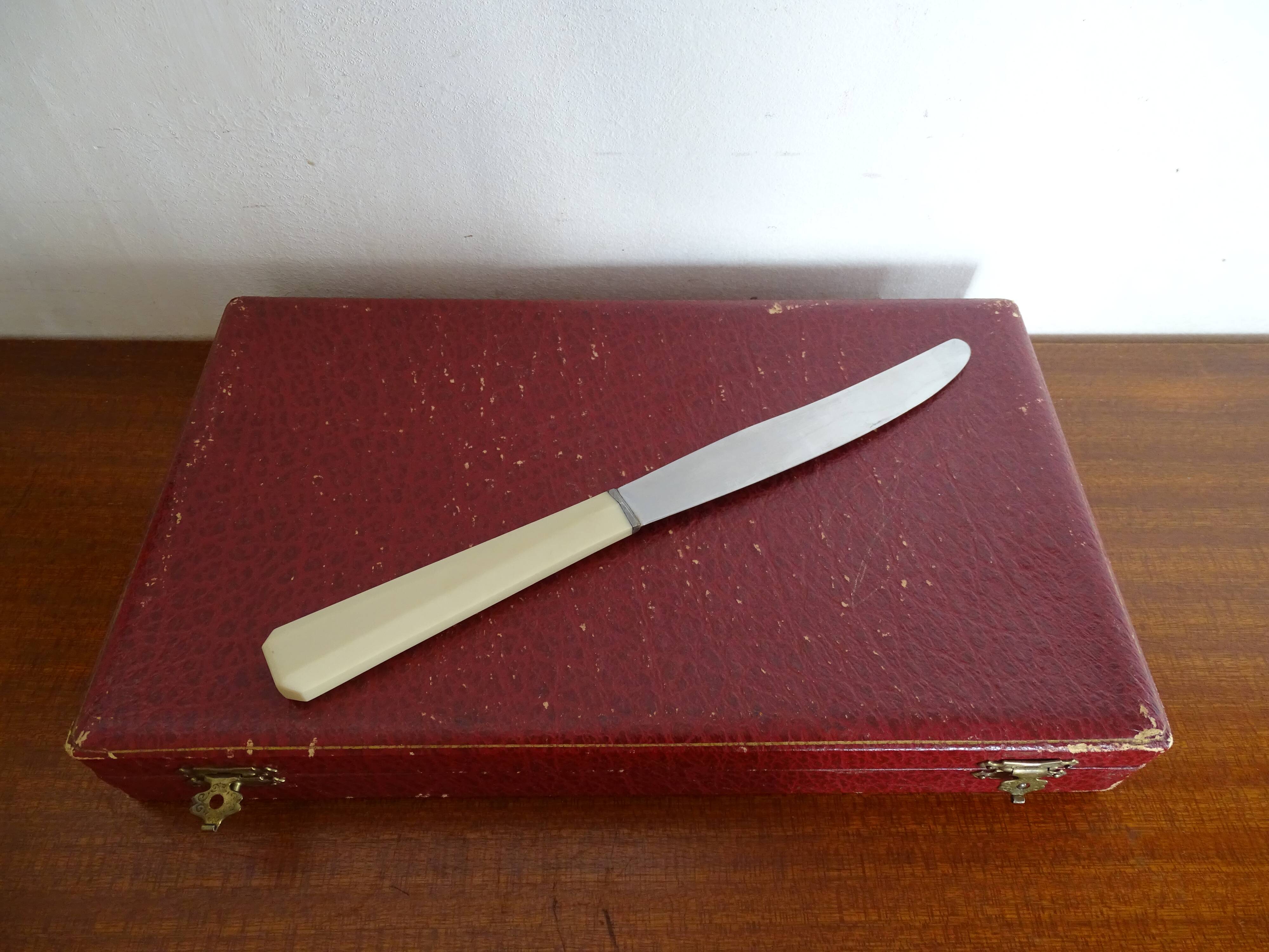 12 Art Deco knives 1930 bone or bakelite sleeves in case