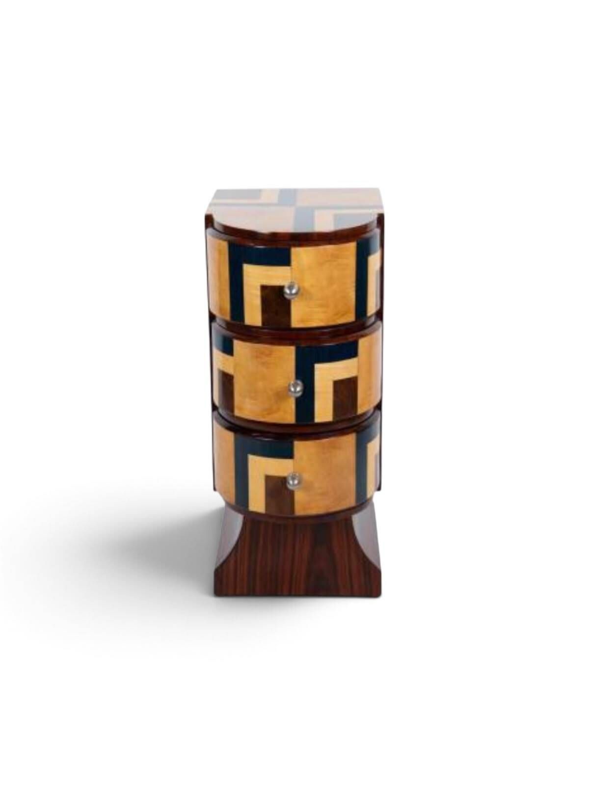 A pair of Art Deco bedside tables made of beech wood, rosewood & burl.