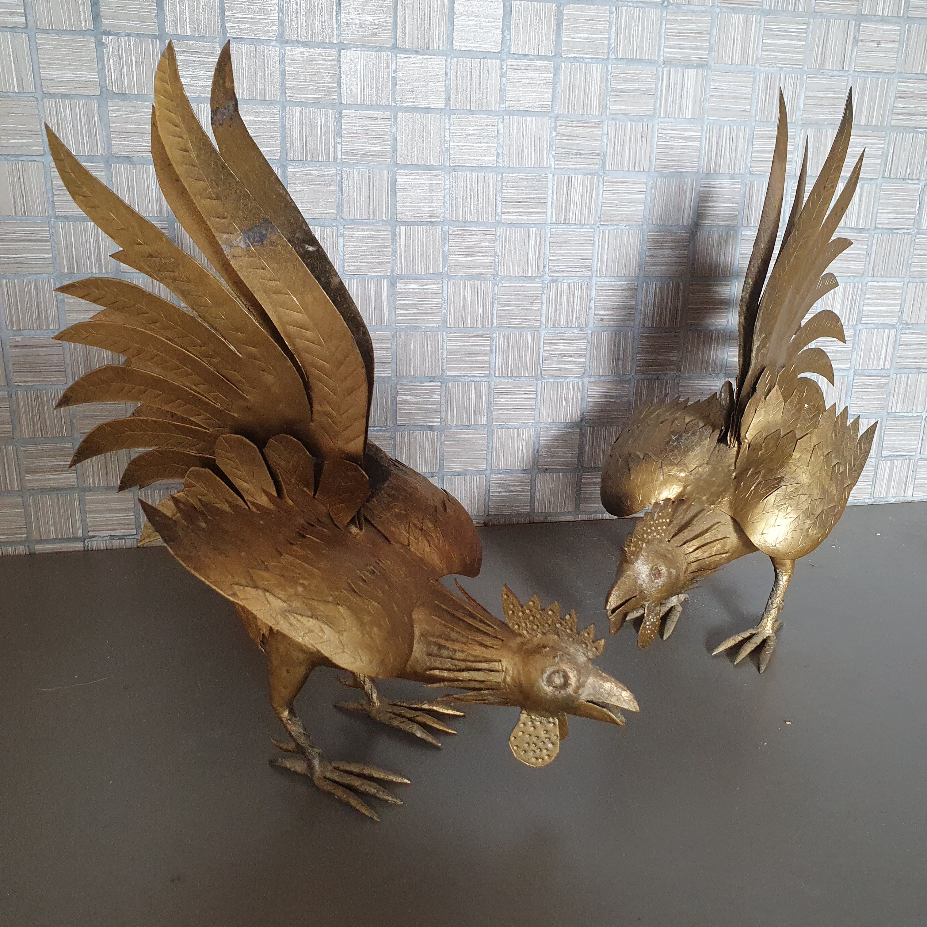 Duo of gold metal roosters 1950