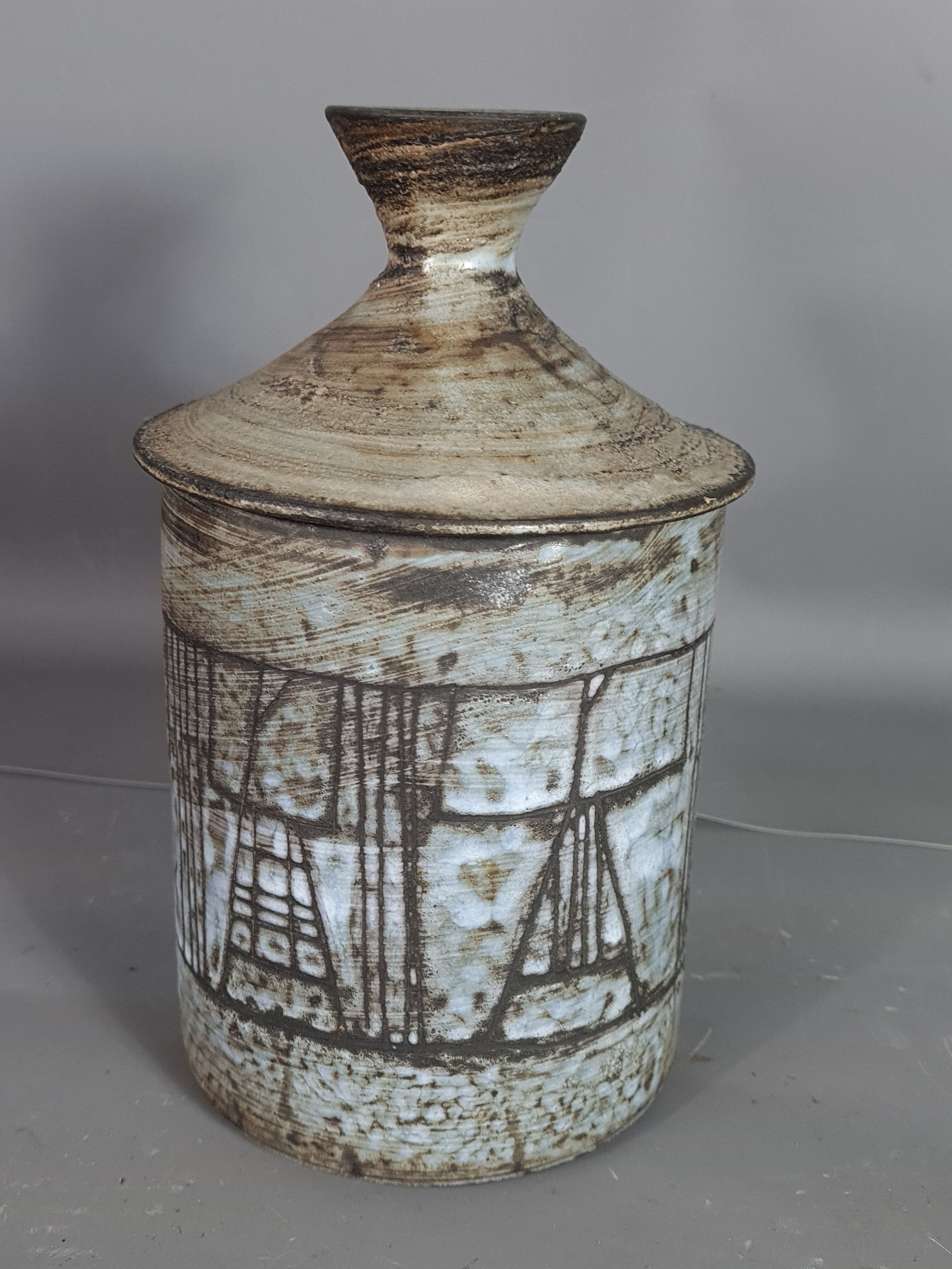 J. Pouchain (1925-2015) incised covered pot enamelled abstract decoration, signed. SB