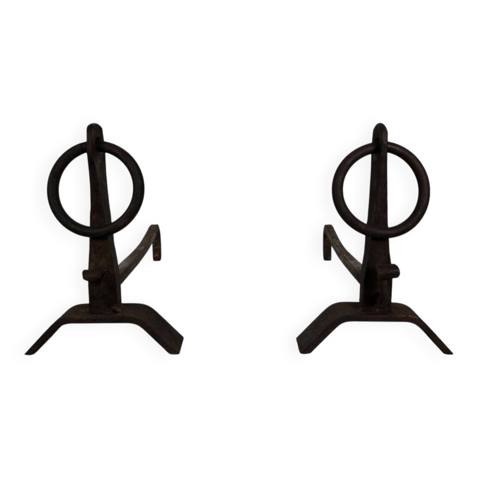 Pair of Modernist Fire Dogs in Wrought Iron with Crown Rings and Base