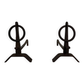 Pair of Modernist Fire Dogs in Wrought Iron with Crown Rings and Base