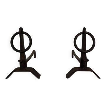Pair of Modernist Fire Dogs in Wrought Iron with Crown Rings and Base
