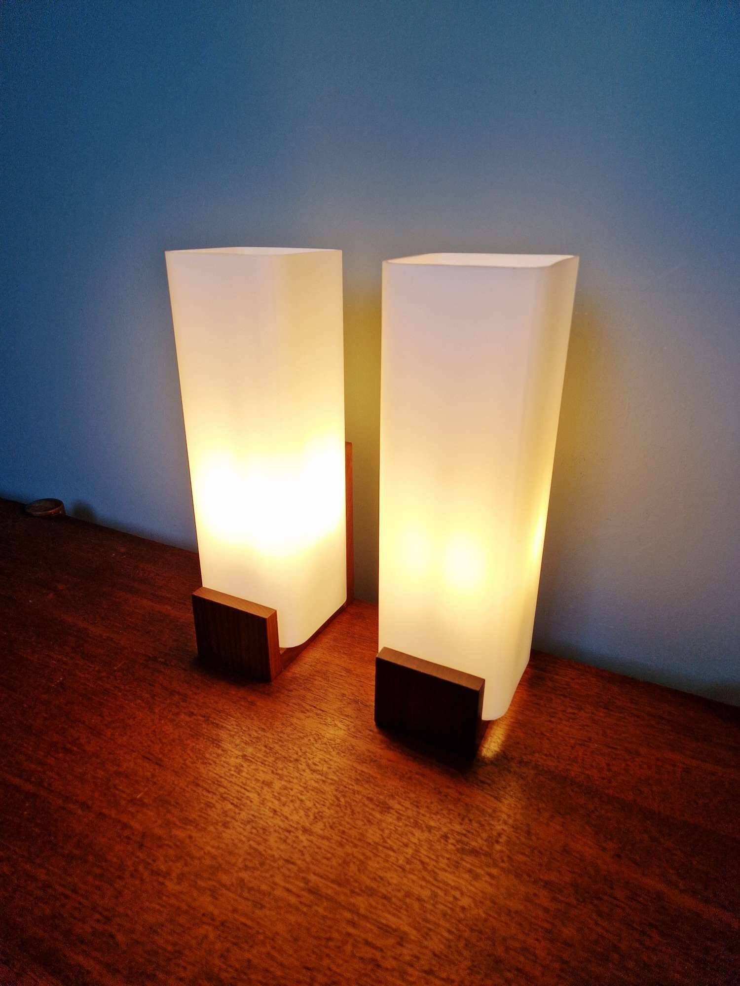 Pair of teak and white opaline wall lights, designed by Louis Kalff, 1960