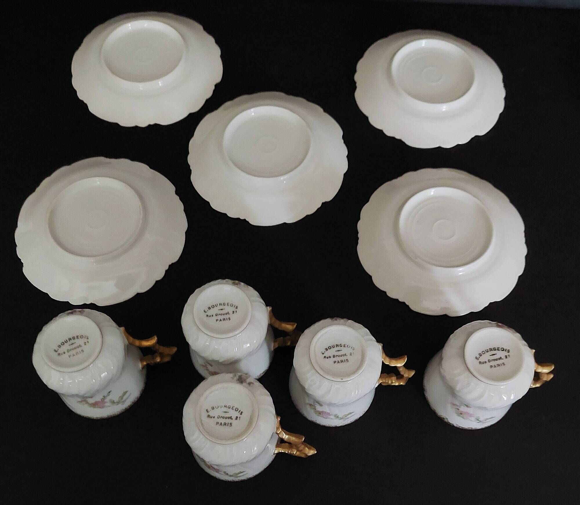 Series of five E. Bourgeois Paris porcelain coffee cups large deposit 1900