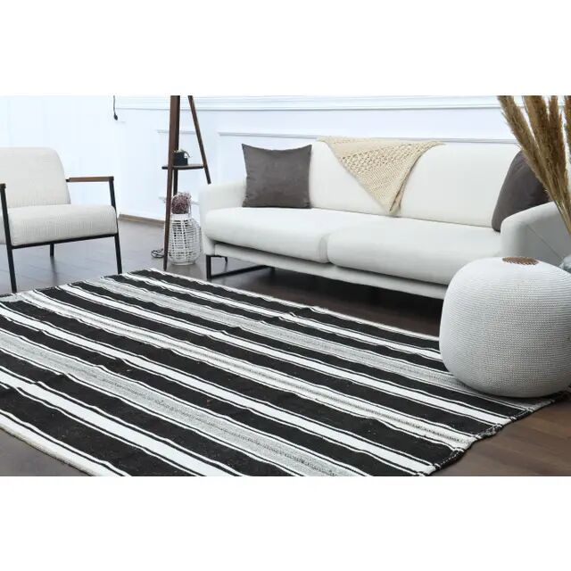 1970s Vintage Turkish Oushak Handmade  White Black Runner Rug  182x296