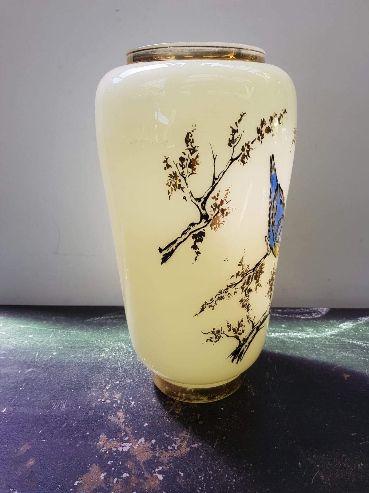 Old creamy white opaline vase with birds decor & vintage gilding