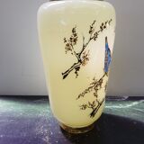 Old creamy white opaline vase with birds decor & vintage gilding