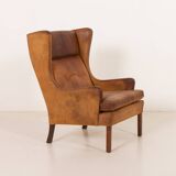 Fauteuil danois vintage en cuir de buffle, style Børge Mogensen, années 1960.