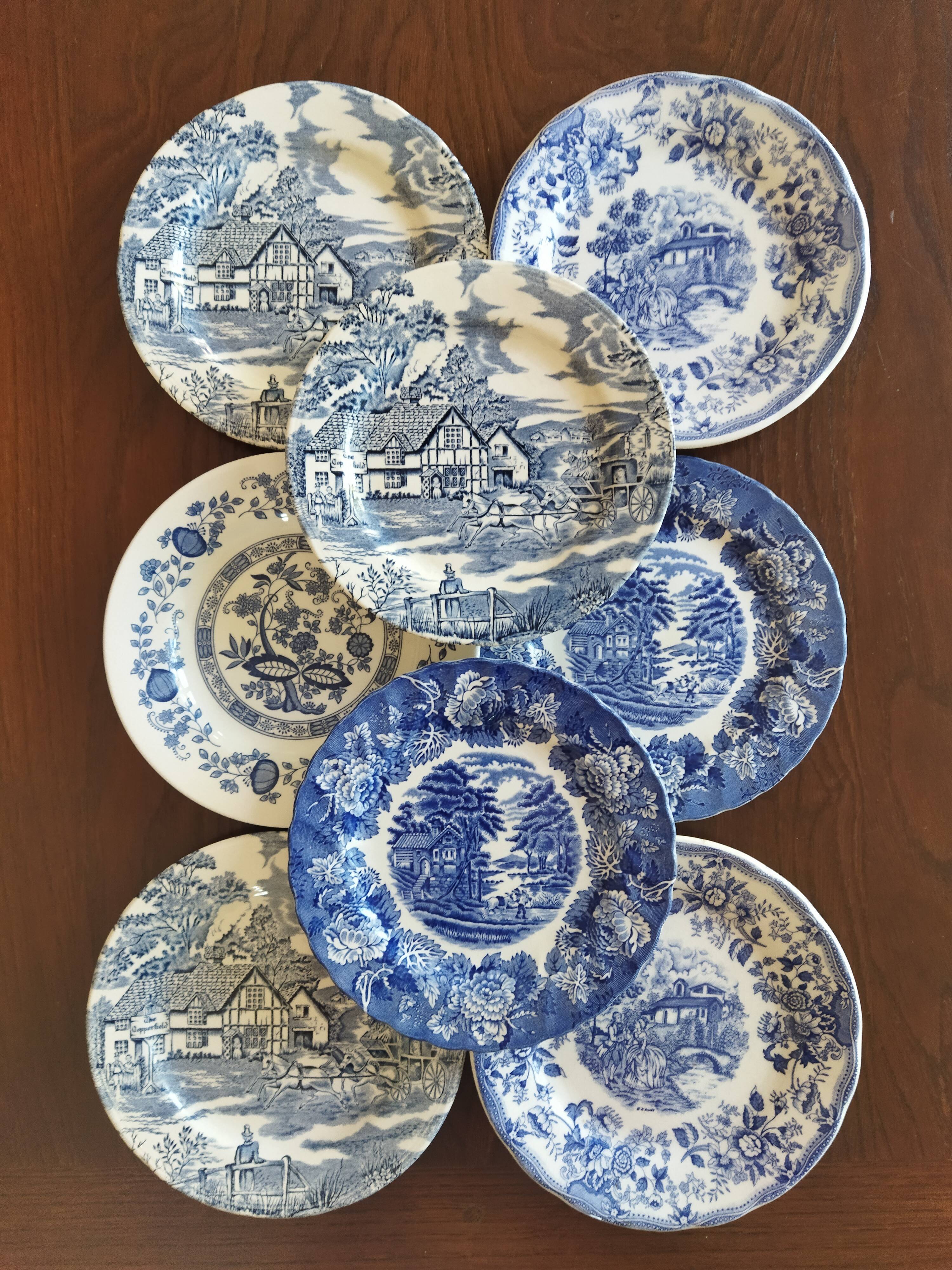 8 assiettes à dessert bleu & blanc Enoch Wood, Churchill & Lunéville