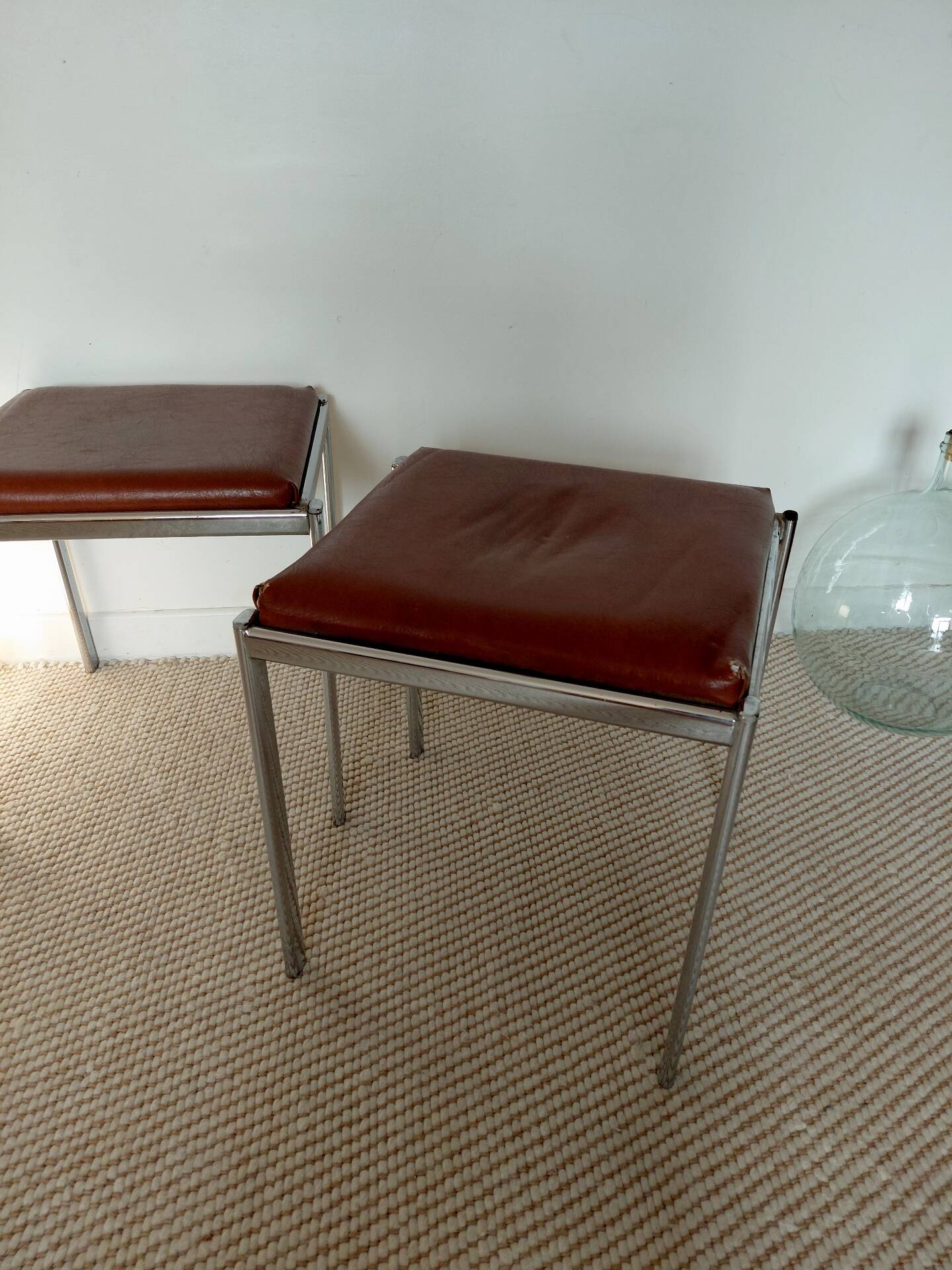 Pair of vintage stackable stools in faux leather and chrome - 70s
