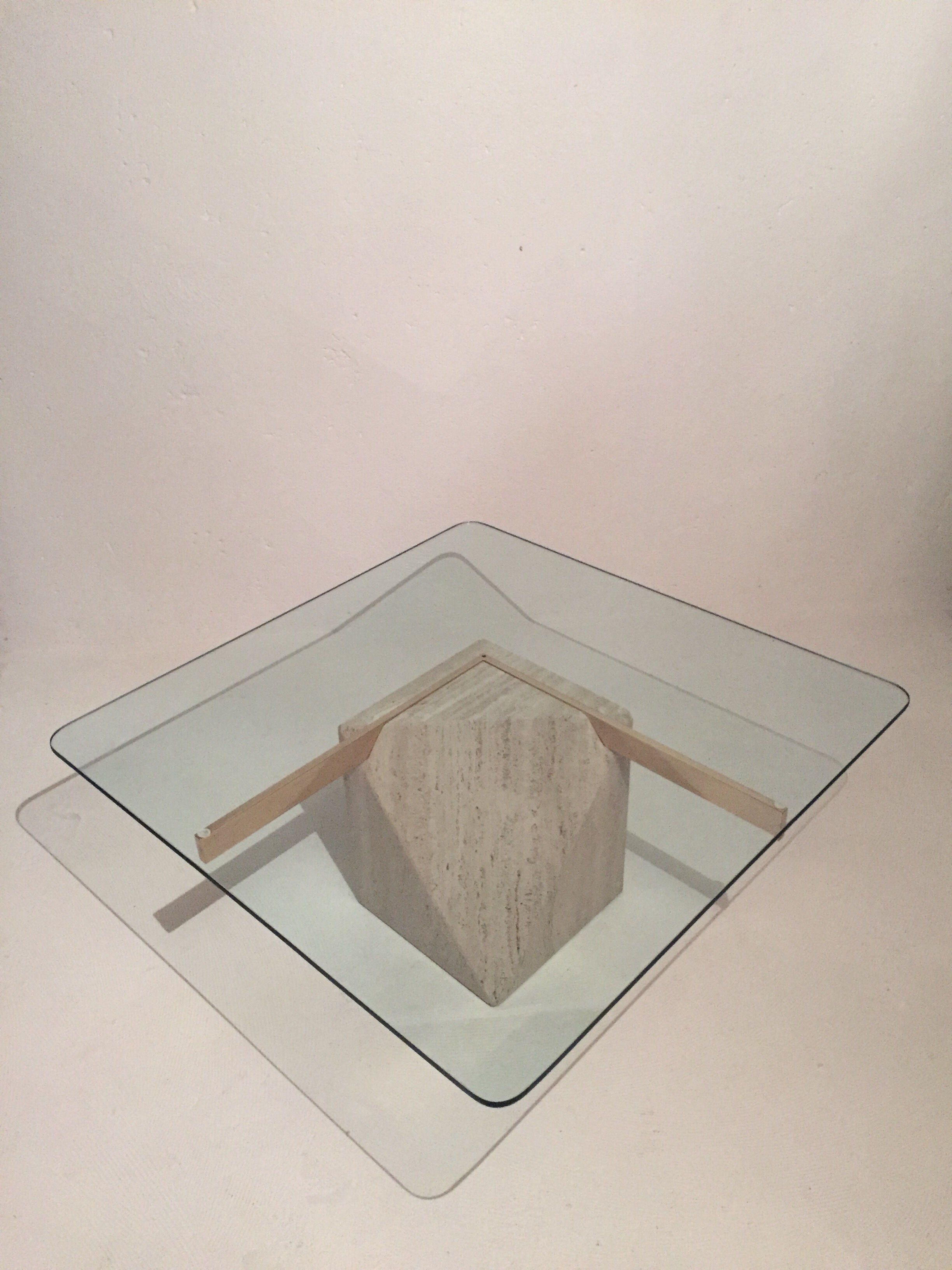 Artedi Italy coffee table in travertine, brass and glass 1970s