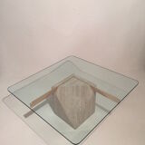 Artedi Italy coffee table in travertine, brass and glass 1970s