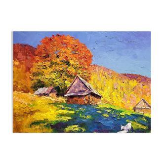 Peinture à l'huile "Rêvant des montagnes des Carpates en automne" par Boris Petrovich Serdyuk
