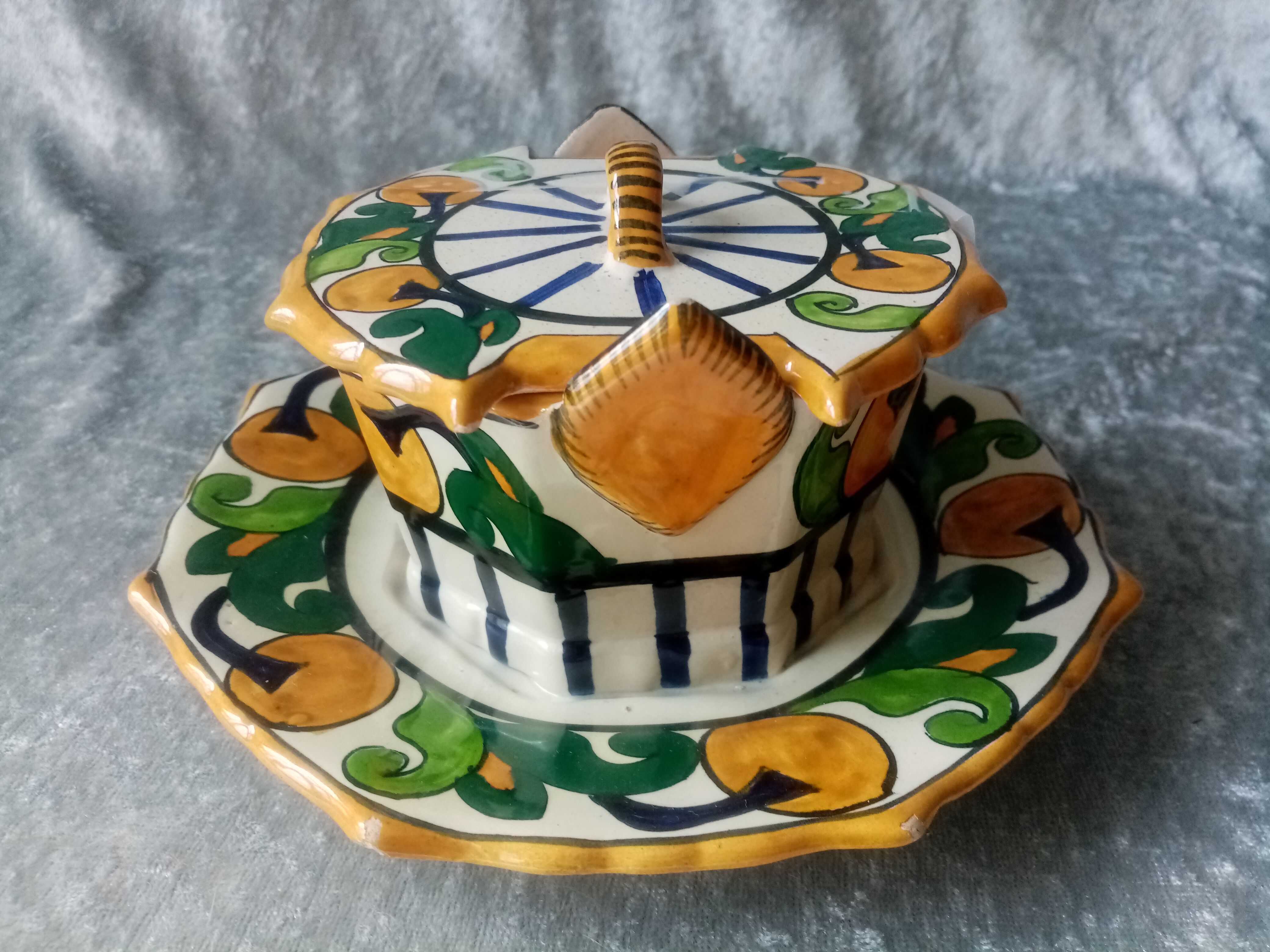 Old art deco butter dish in faience of quimper sign hb