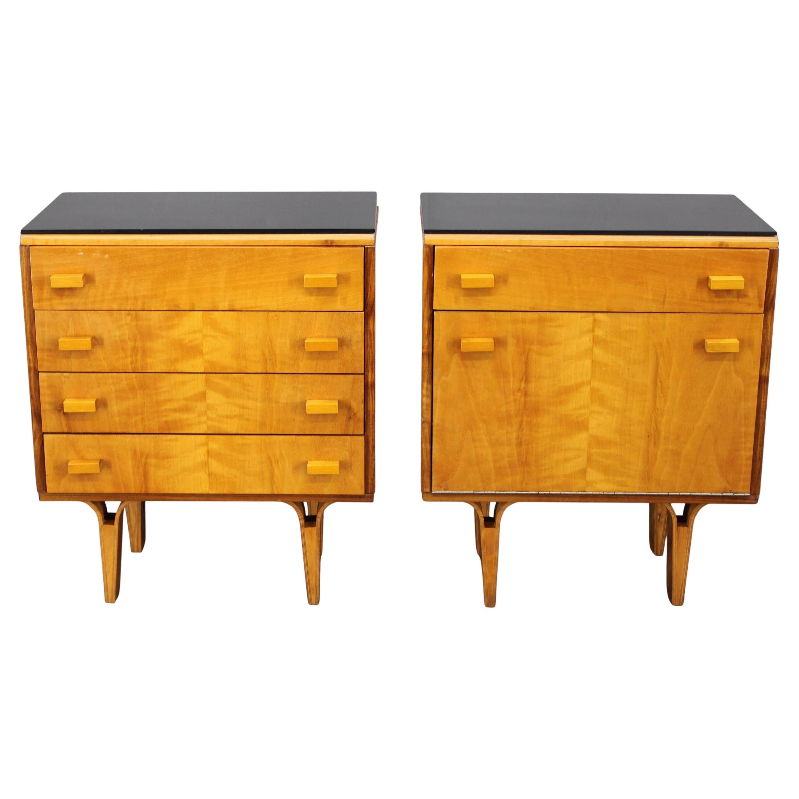 1960s František Mezulaník mid-century maple nightstands with black glass tops