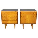 1960s František Mezulaník mid-century maple nightstands with black glass tops